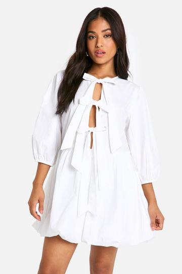 White Petite Tie Front Volume Sleeve Skater Dress