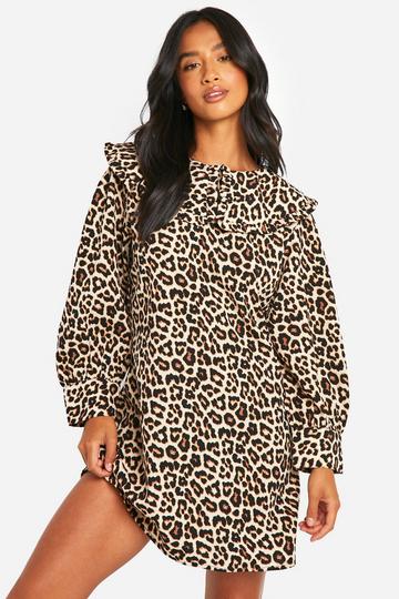 Petite Leopard Collar Detail Volume Sleeve Dress multi