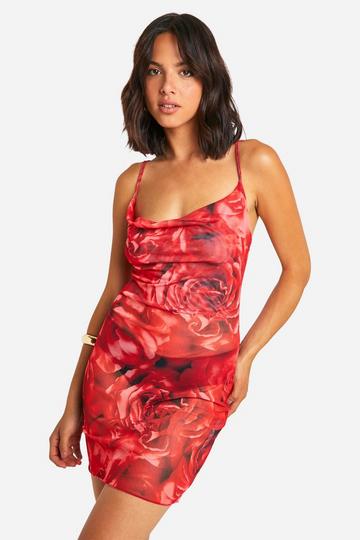 Red Cowl Neck Rose Print Mini Dress