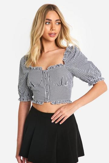 Gingham Frill Hem Puff Sleeve Crop Top black