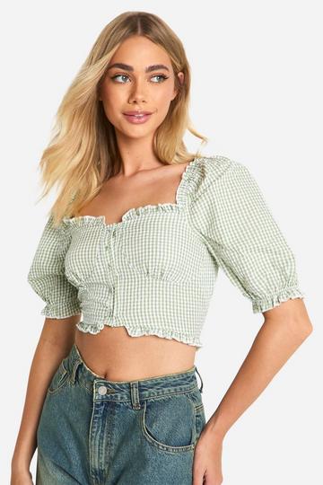 Gingham Crop Top Met Geplooide Zoom En Pofmouwen sage