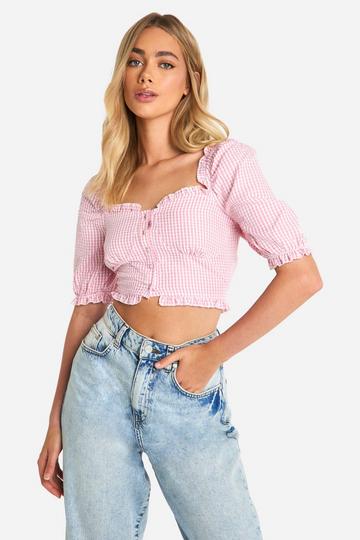 Gingham Frill Hem Puff Sleeve Crop Top pink