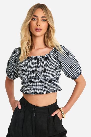 Gingham Puff Sleeve Crop Top black