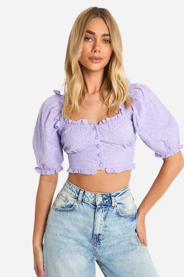 Broderie Puff Sleeve Milkmaid Crop Top lilac