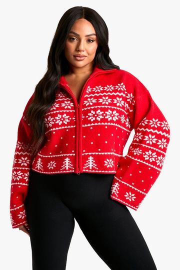 Red Plus Premium Christmas Fairisle Zip Up Knitted Cardigan