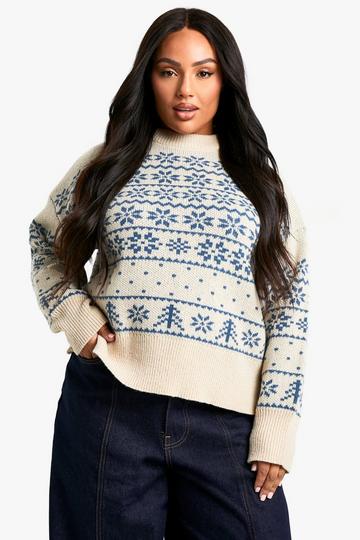 Plus Premium Christmas Fairisle Knitted Jumper blue