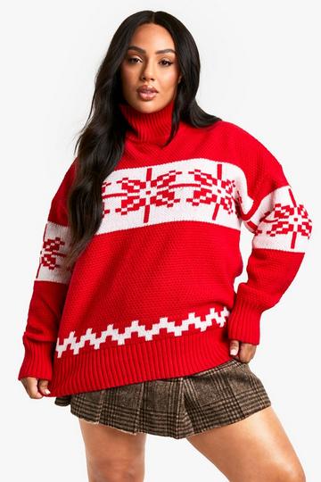 Plus Premium Fairisle High Neck Oversized Knitted Jumper red