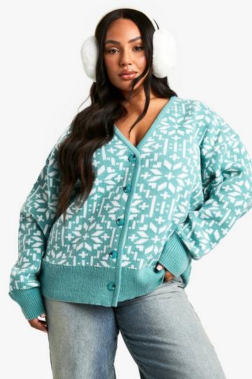 Plus Premium Fairisle Snowflake Knitted Cardigan green