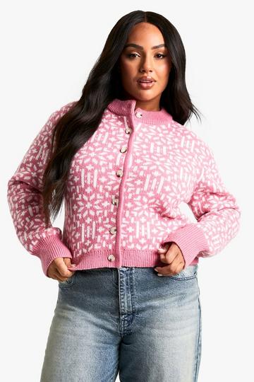 Plus Premium Christmas Fairisle Knitted Cardigan pink