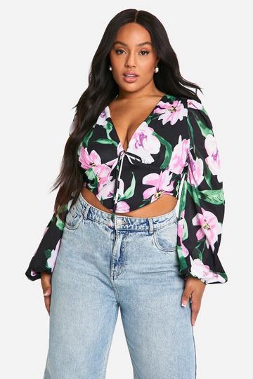 Plus Large Floral Puff Sleeve Longline Corset Top black