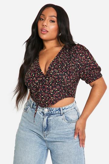 Plus Cherry Puff Short Sleeve Corset Top black