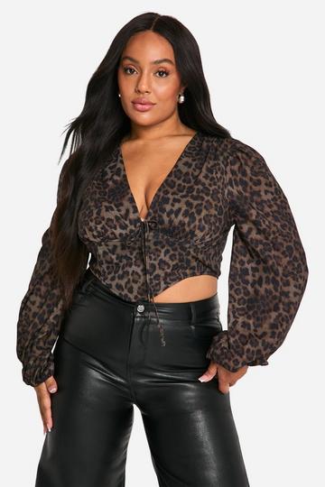 Multi Plus Leopard Puff Sleeve Longline Corset Top