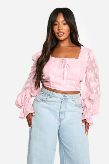 Plus Jacquard Square Neck Puff Sleeve Corset Top pink