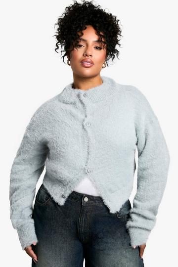 Grey Plus Fluffy Knit Crew Neck Cardigan