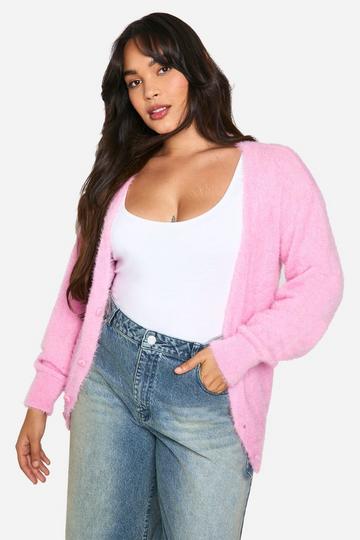 Plus Pluizige Gebreide Baggy Cardigan Met V-Hals baby pink