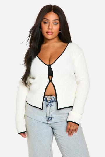 Plus Contrast Trim Button Front Cardigan white