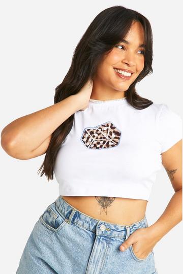 White Plus Leopard Dice Embroidered Baby Tee