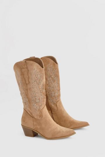 Embroidered Knee High Cowboy Boots camel