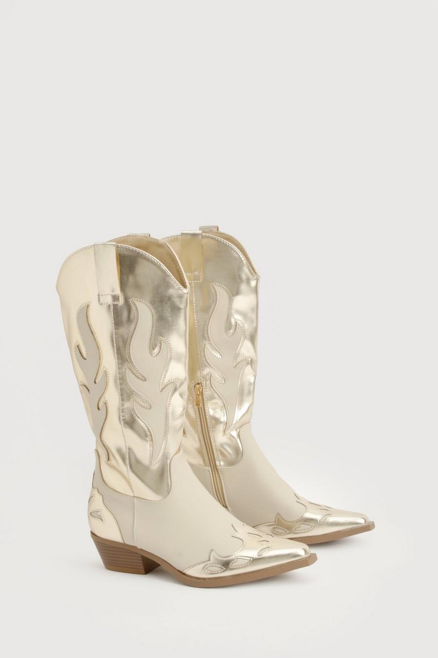 Gold Metallic Contrast Panel Western Cowboy Boots    image number 1