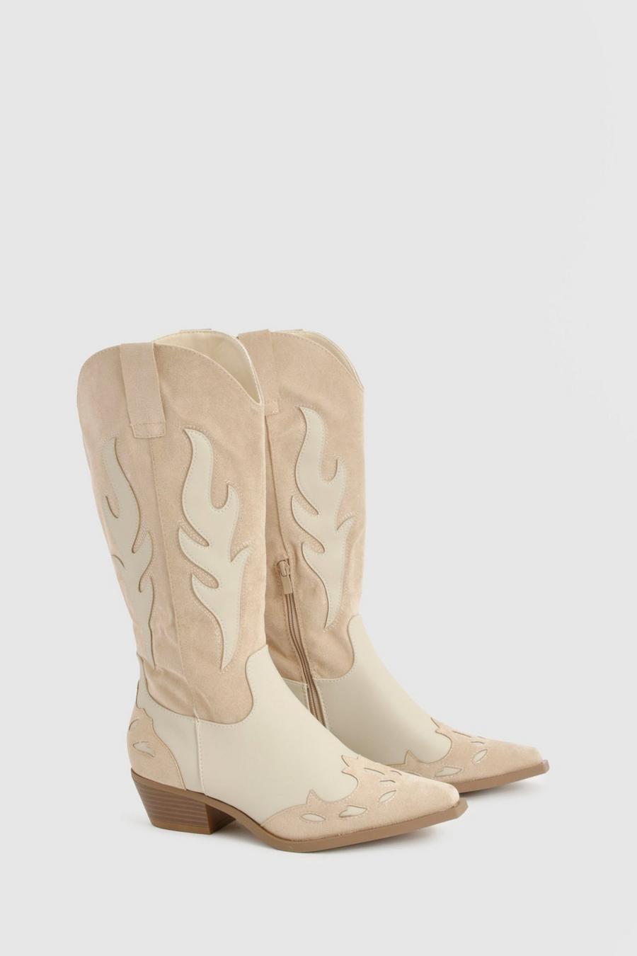 Beige Contrast Panel Western Cowboy Boots    