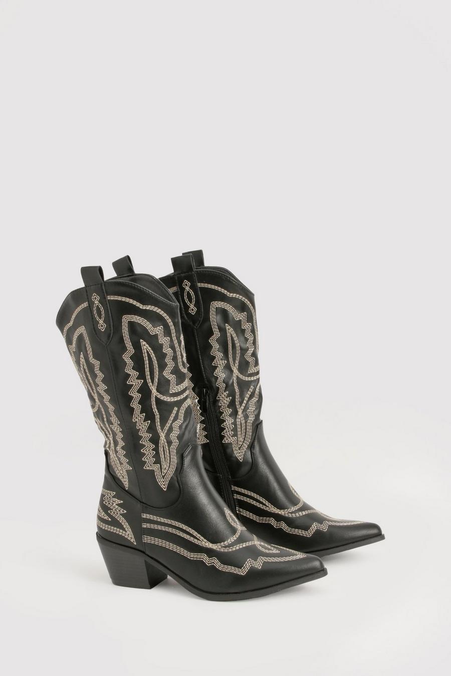 Black Contrast Stitching Western Cowboy Boots     image number 1