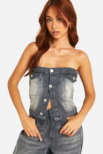 Washed Grey Stretch Denim Button Detail Bandeau Top grey