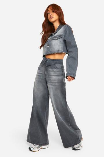 Washed Grey Foldover Waistband Wide Leg Denim Jean grey