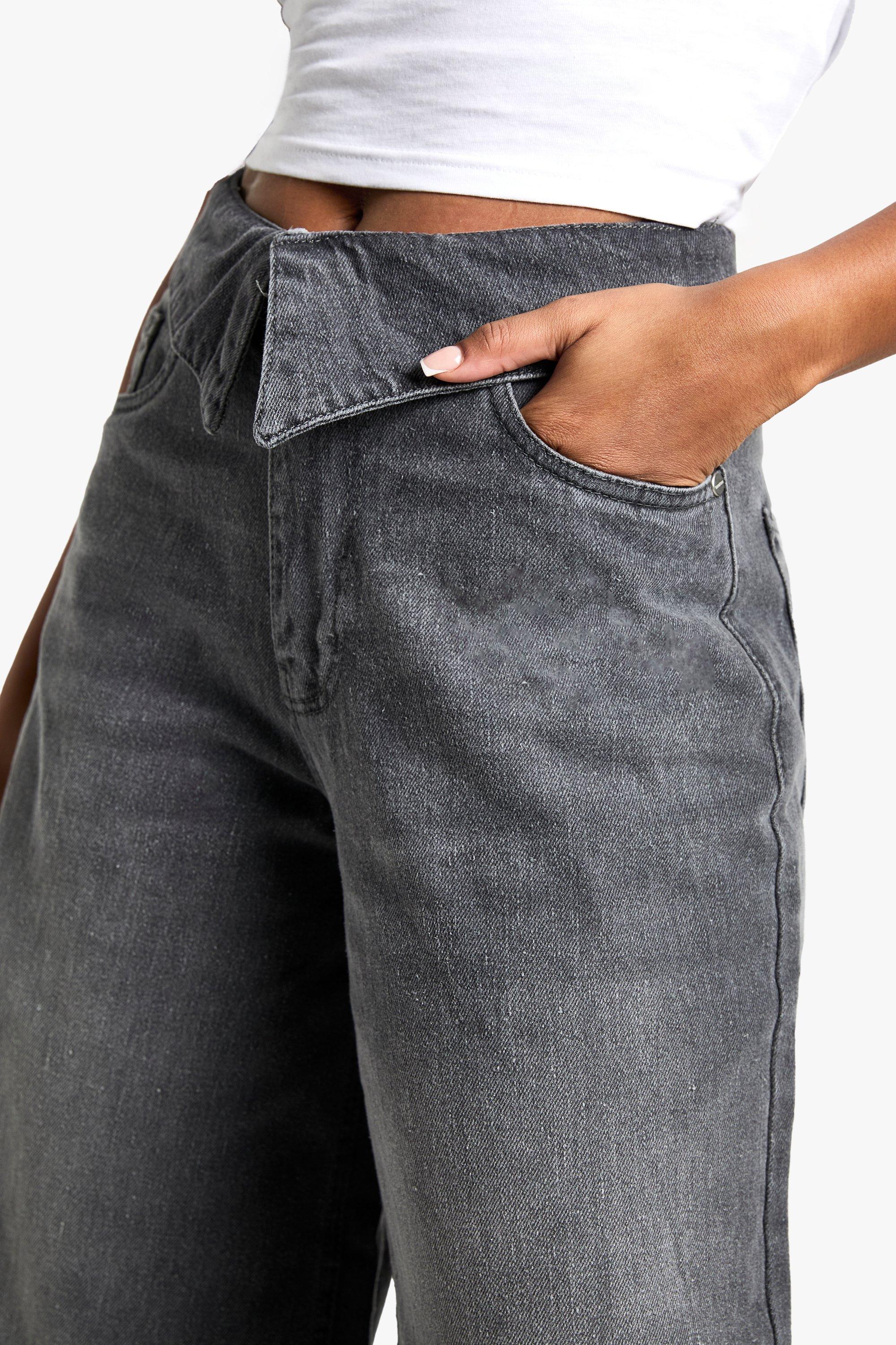 パンツ OAF / FOLD WAIST DENIM Washed Grey Foldover Waistband Wide Leg Denim Jean | boohoo
