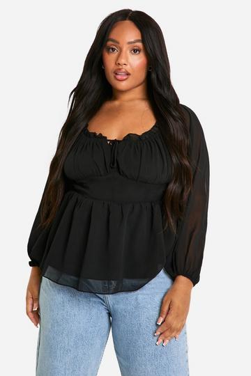 Black Plus Long Sleeve Off The Shoulder Peplum Top