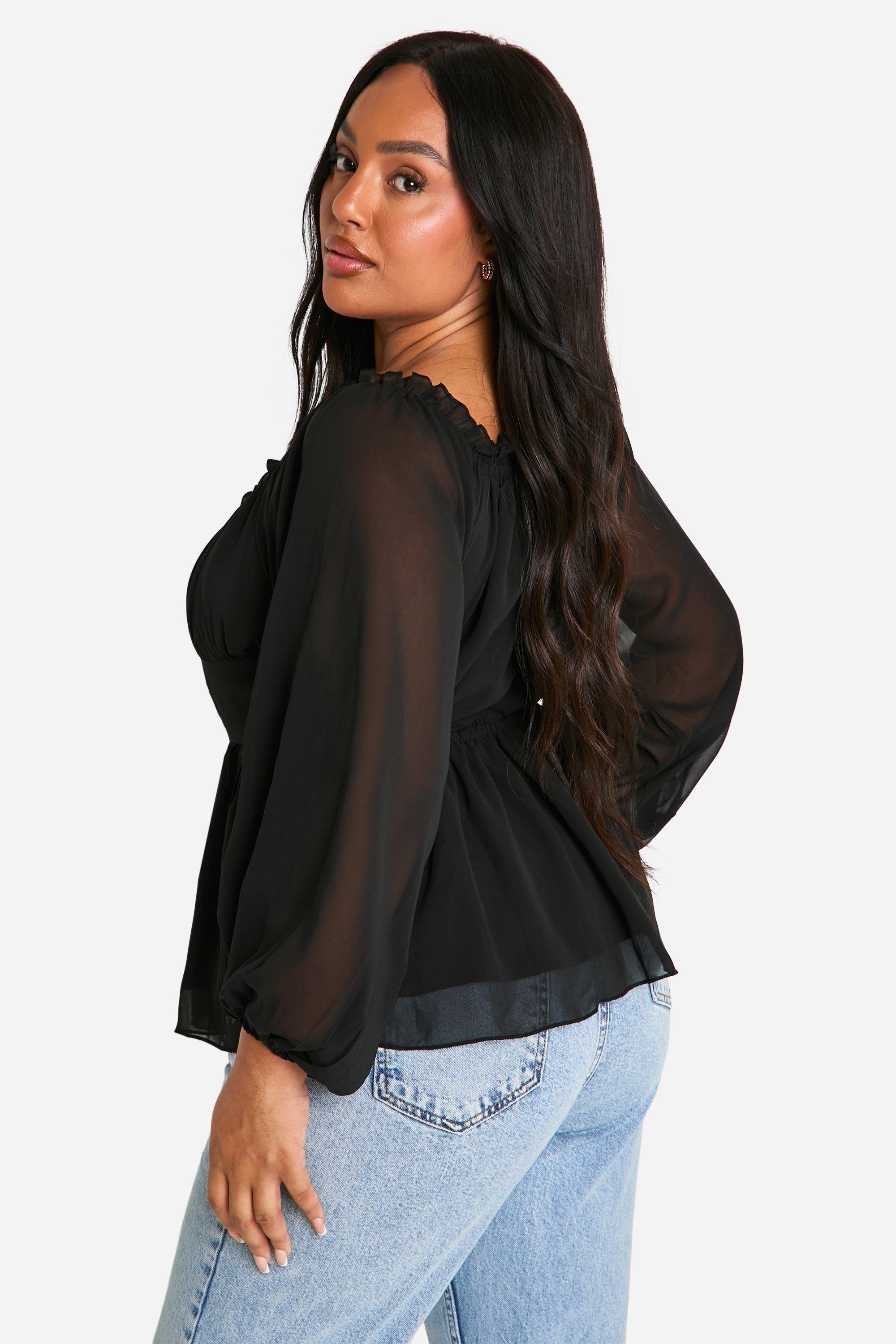 Boohoo Women s Plus Long Sleeve Bardot Peplum Top Black