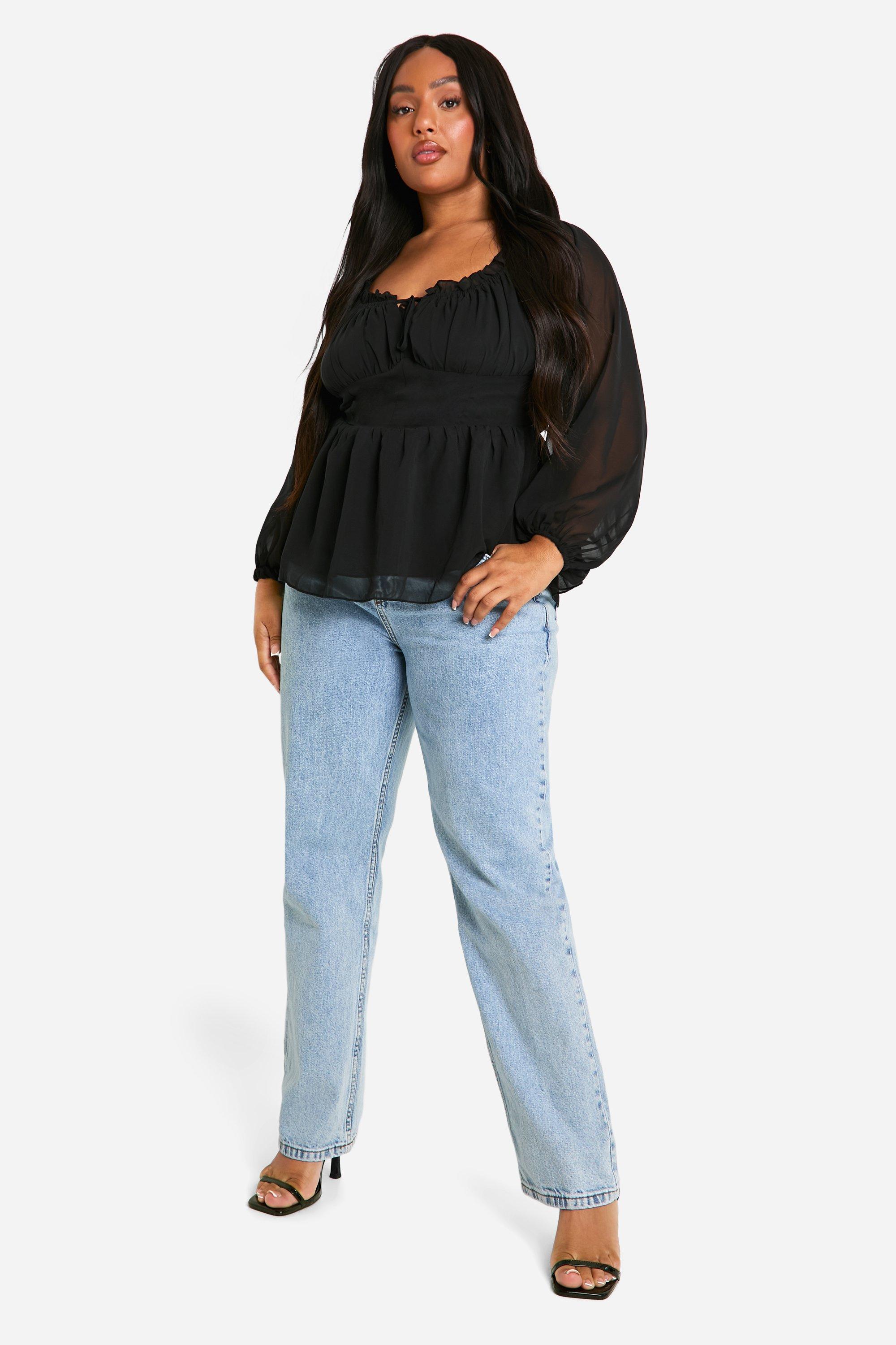 boohoo Plus Long Sleeve Off The Shoulder Peplum Top Black Size 18