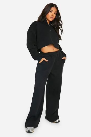 Petite Half Zip Cropped Sweatshirt Wide Leg Tracksuit black