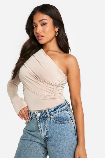 Petite One Shoulder Drape Bodysuit taupe