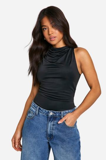 Petite Drape Twist Detail Bodysuit black