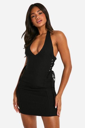 Bengaline Pinstripe V Neck Tie Side Mini Dress black