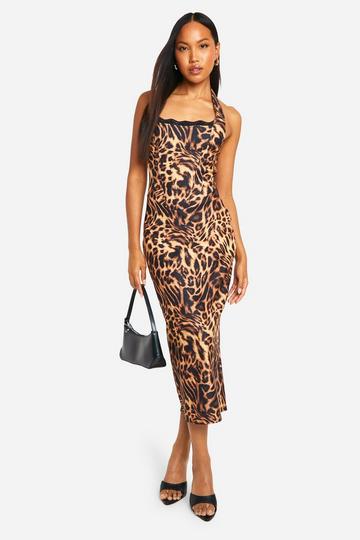 Multi Leopard Printed Halterneck Bengaline Midaxi Dress