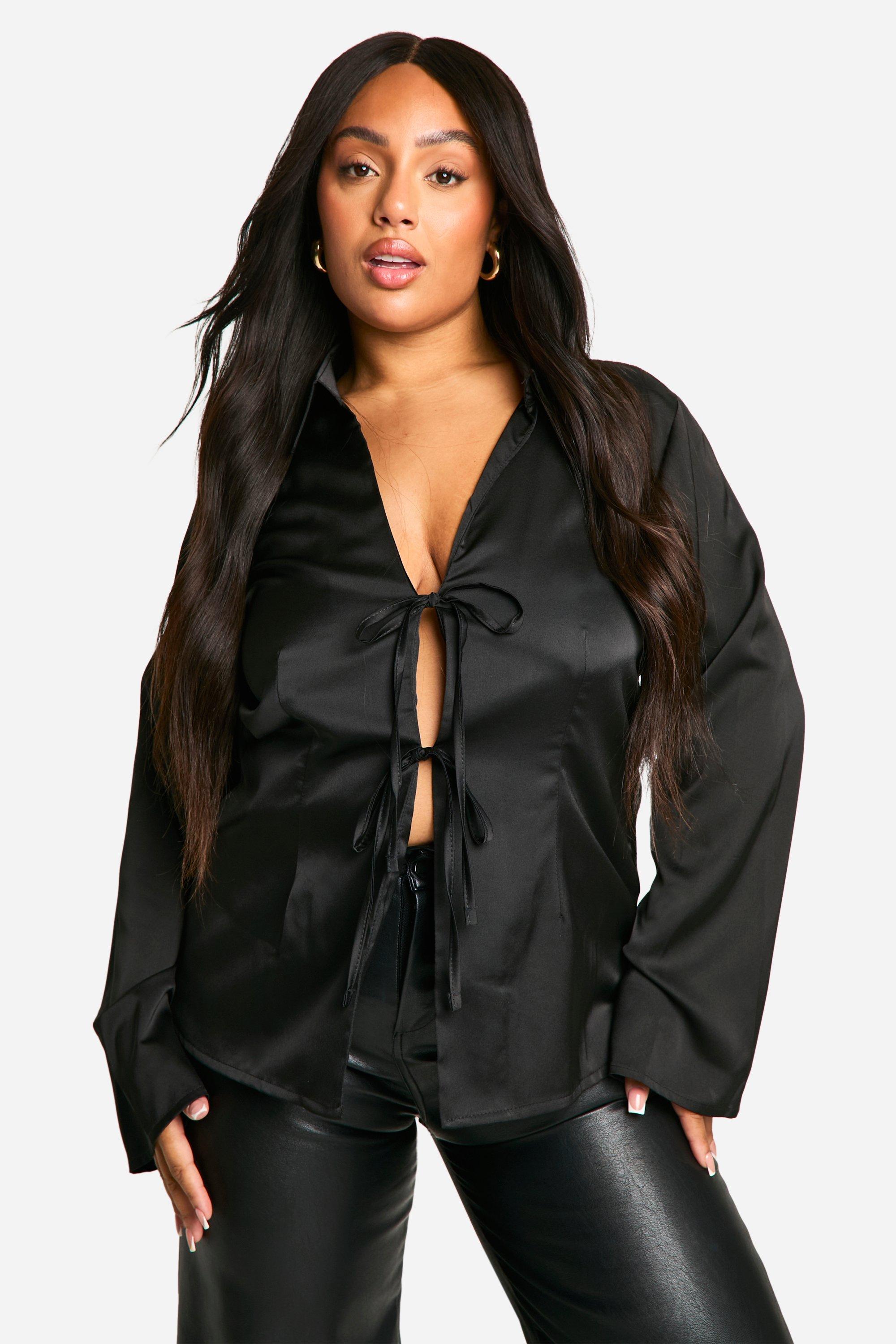 Black satin tie front top online