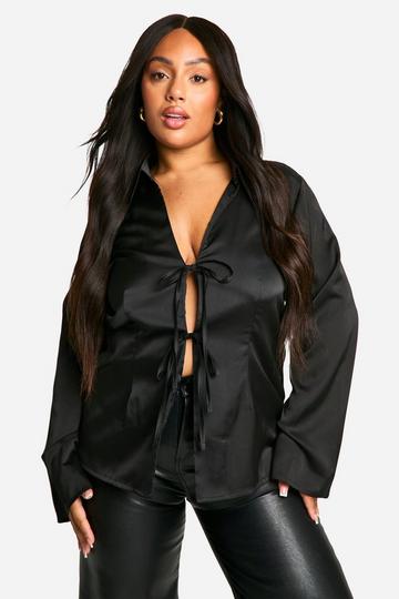 Plus Satin Tie Front Relaxed Shirt black