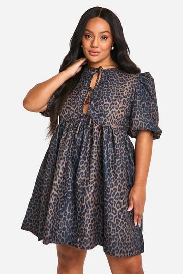 Multi Plus Woven Leopard Tie Front Smock Dress