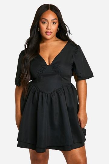 Plus Woven Bodice Ruffle Sleeve Skater Dress black