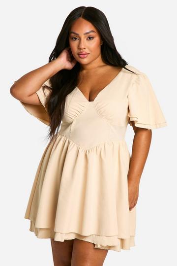 Plus Woven Bodice Ruffle Sleeve Skater Dress stone