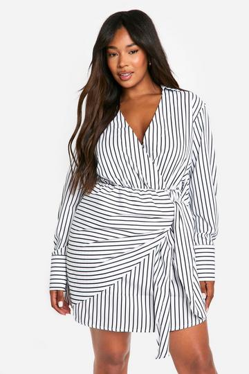 White Plus Woven Stripe Wrap Shirt Dress