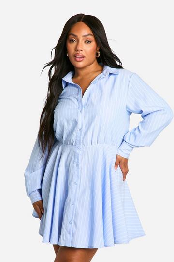 Blue Plus Woven Stripe Skater Shirt Dress