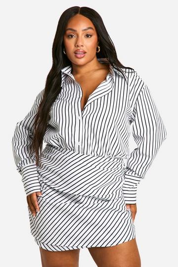 Plus Geweven Gestreepte Geplooide Blouse Jurk white