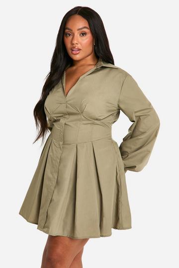 Plus Corset Detail Shirt Dress khaki