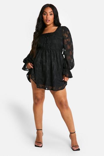 Plus Milkmaid Woven Burnout Floral Skater Dress black