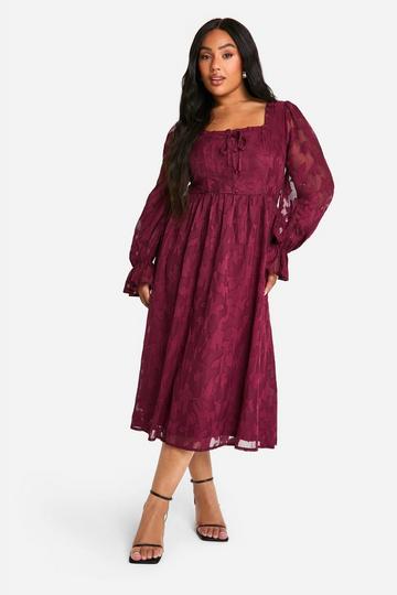 Plus Milkmaid Woven Burnout Floral Midi Skater Dress plum