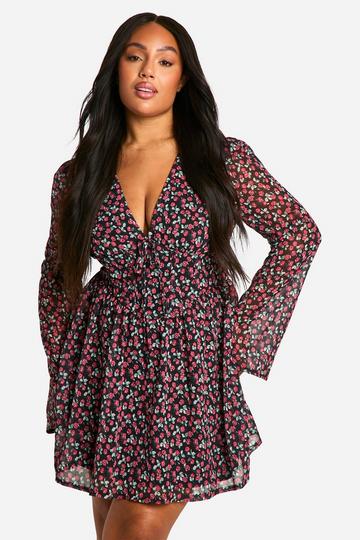 Plus Geweven Melkmeisjes Bloemen Skater Jurk black