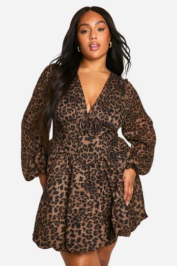 Plus Milkmaid Woven Leopard Bubble Hem Skater Dress leopard