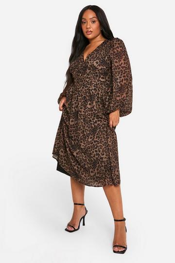 Plus Geweven Luipaardprint Melkmeisjes Midi Skater Jurk leopard